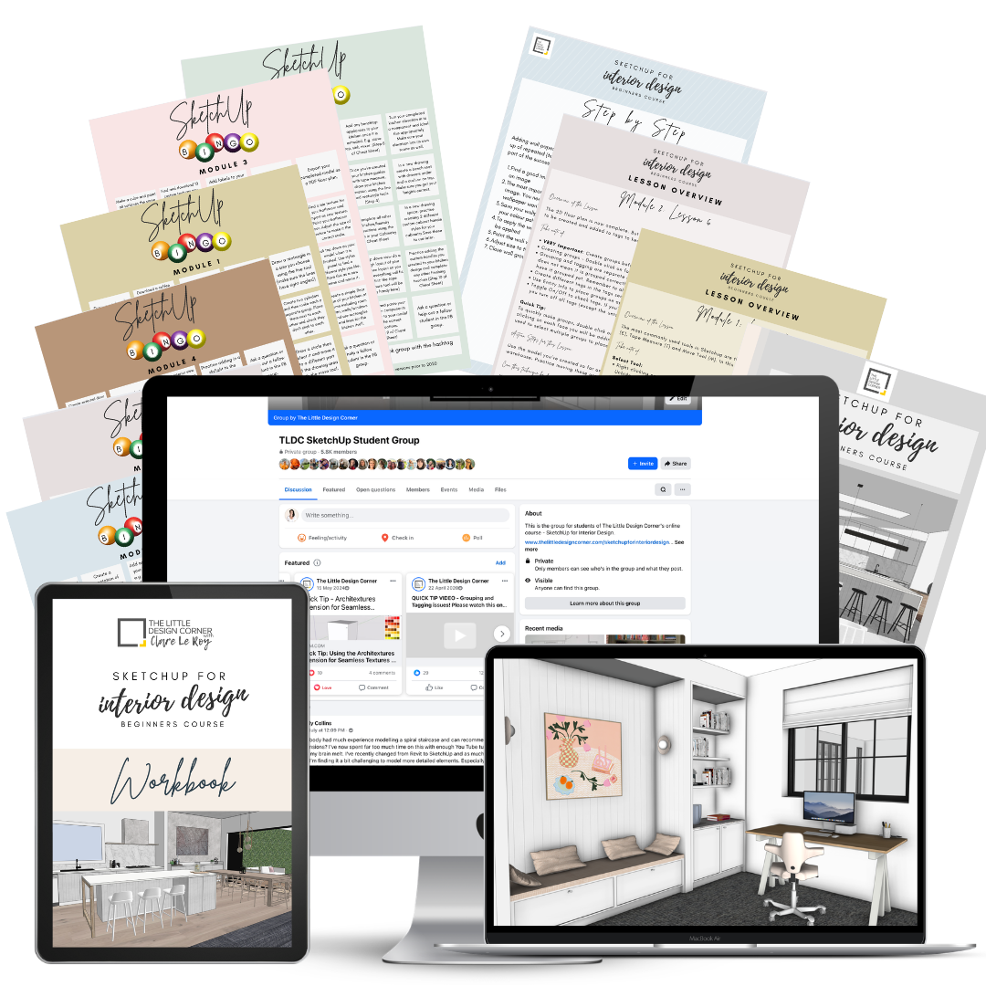 SketchUp course bundle — workbooks, lesson previews, kitchen renders and technical drawings